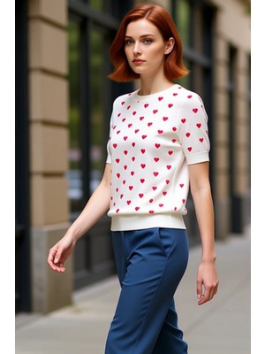 PayBuy Kadın Bisiklet Yaka Kalp Desenli Ince Örgü Bluz Kaliteli Şık Rahat Modern Zarif Günlük