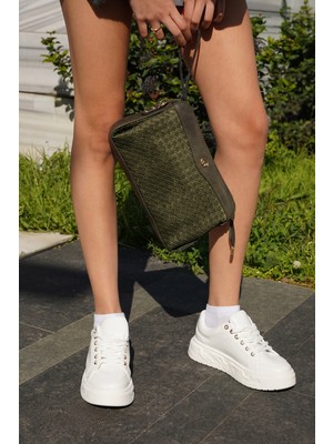 Marjin Kadın Fermuarlı Iç Cepli Clutch Çapraz Askılı El ve Omuz Çantası Faris Haki