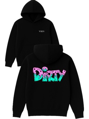 Vsrn Dirty Tasarım Baskılı Oversize Siyah Kapüşonlu Sweatshirt