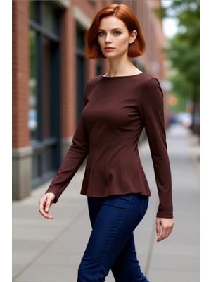 PayBuy Kadın Peplum Kesim Kayık Yaka Uzun Kollu Örme Bluz Kaliteli Şık Rahat Modern Zarif Günlük
