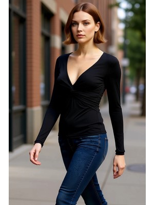 PayBuy Kadın V Yaka Büzgülü Drape Detaylı Fitted Uzun Kollu Esnek Örme Bluz Ilkbahar Sonbahar Günlük