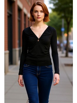 PayBuy Kadın V Yaka Büzgülü Uzun Kollu Fitted Örme Kaliteli Şık Rahat Modern Zarif Günlük