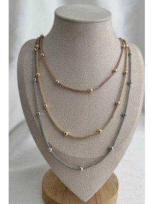 Modex Rose Altın Gümüş Rengi Top Zincirli Üçlü Kolye (60CM)