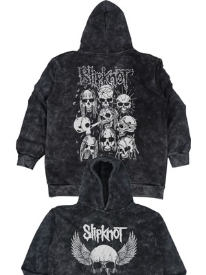 Unisex Slipknot Sırt Baskılı Kapüşonlu Yıkamalı Sweatshirt, Oversize Rock Band Baskı Vintage Hoodie