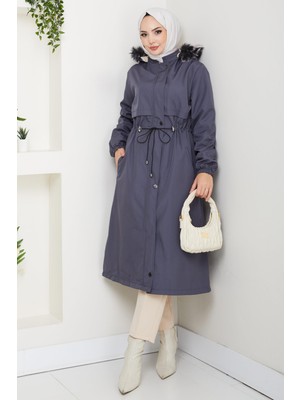 Hafsa Mina Allerli Füme İçi Kürklü Bondit Mont Kadın Uzun Kol Kapüşonlu Dokuma Kumaş ile Şıklık