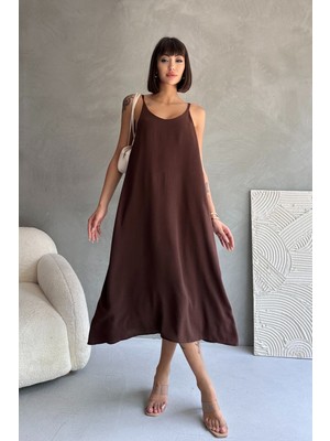 Ip Askılı Uzun Salaş Keten Elbise