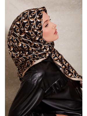 Lêvi D'or Siyah - Camel Zincirli Desenli Twill İpek Eşarp