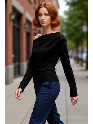 PayBuy Asimetrik Yaka Dökümlü Örme Üst Şık ve Rahat Bir Seçenek Kaliteli Şık Rahat Modern Zarif Günlük