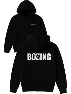 Vsrn Havalı Boxing Tasarım Baskılı Oversize Siyah Kapüşonlu Sweatshirt