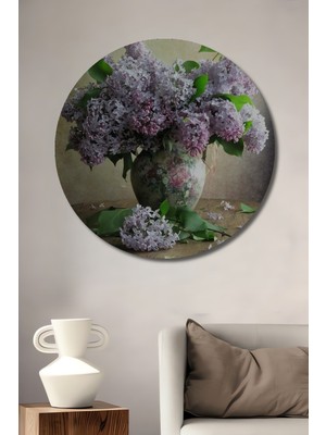 Teona Ahşap Dekoratif Ahşap Yuvarlak Tablo Lila Çiçekler Vazo