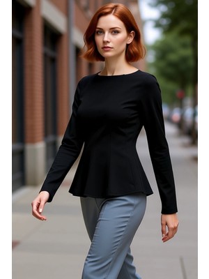 PayBuy Kadın Peplum Kesim Kayık Yaka Uzun Kollu Örme Bluz Kaliteli Şık Rahat Modern Zarif Günlük