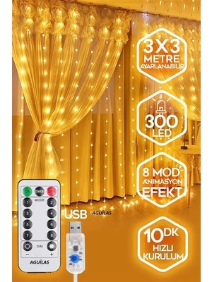 Eser Ticarett Perde LED 3x3 Metre Kumandalı 8 Mod Ambiyans Ayarlabilir Boy Dekor Mikro LED Işık