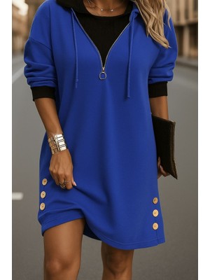 Arben Boutique Kadın Uzun Kollu Kapşonlu Önden Fermuarlı Düğmeli Mini Iki Iplik Elbise