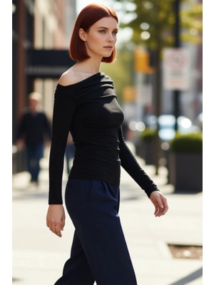 PayBuy Kadın Bordo Asimetrik Yaka Büzgü Detaylı Fitted Uzun Kollu Esnek Örme Bluz Günlük Kullanım Için