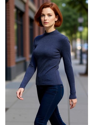 PayBuy Kadın Beyaz Fitted Vücuda Oturan Dik Yaka Uzun Kol Esnek Örme Bluz Günlük Kullanım Için Idealdir