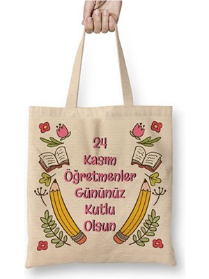 Toyaso 24 Kasım Öğretmenler Günü Beyaz Bez Çanta Uzun Saplı Alışveriş Çantası Plaj Çantası