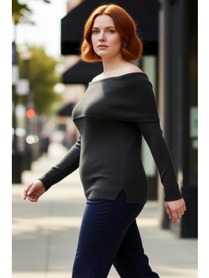 PayBuy Kadın Ekru Simli Carmen Yaka Triko Bluz Omzu Açık Tasarım Ilkbahar Sonbahar Casual Günlük Kullanım