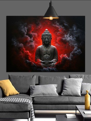 Artmeg Buda Heykeli Neon Işık Dini Dekoratif Kanvas - Mdf Ahşap Tablo