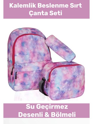 Enenstyle Fermuarlı Geniş 1.kalite Su Geçirmez Desenli Bölmeli Üçlü Okul Kalemlik Beslenme Sırt Çanta Seti