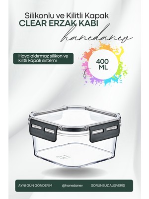 Hanedanev Clear Kare Erzak Kabı - Silikonlu ve Kilitli Kapaklı Saklama Kabı 400 ml 12 x 6,5 cm