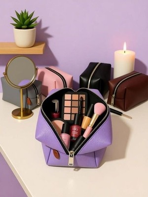 Stil Tasarım Makyaj Kozmetik Çantası - Kalemlik Büyük Boy Seyahat Şık Makyaj Çantası Tek Bölmeli