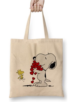 Toyaso Snoopy And Woodstock Hugging Love Aşk Beyaz Bez Çanta Uzun Saplı Alışveriş Çantası Plaj Çantası