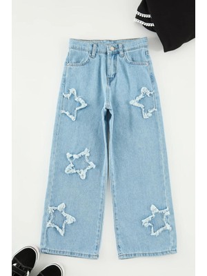 A.S.L GOLF CLUB Kız Çocuk Geniş Paça Yıldız Desenli %100 Pamuk Lastikli Denim Pantolon