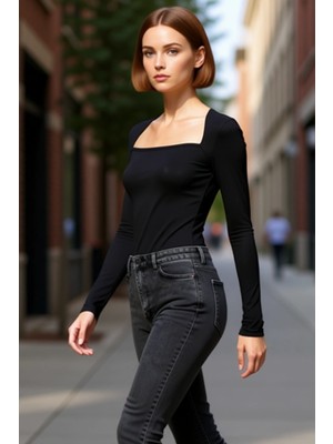 PayBuy Kadın Kare Yaka Likralı Penye Süprem Uzun Kollu Fitted Bluz Günlük Kullanım Için Ideal