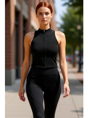 PayBuy Kadın Fermuarlı Yüksek Yaka Kolsuz Örme Spor Üst Bluz Kaliteli Şık Rahat Modern Zarif Günlük