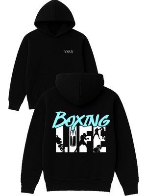 Vsrn Boxing Life Tasarım Baskılı Oversize Siyah Kapüşonlu Sweatshirt