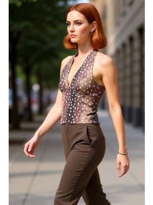 PayBuy Kadın Puantiyeli Vücuda Oturan Halter Yaka Örme Bluz Kaliteli Şık Rahat Modern Zarif Günlük