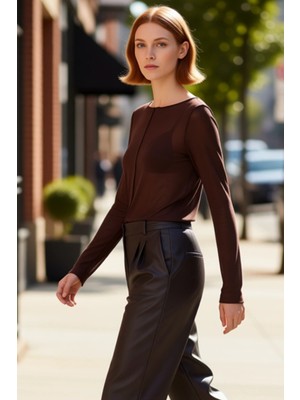 PayBuy Kadın Regular Kalıp Düşük Kol Kayık Yaka Nervürlü Uzun Kollu Crop Triko Bluz Kaliteli Şık Rahat