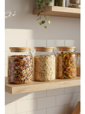 Zuri Design 3'lü Cam Saklama Kabı Seti 860 cc - Vakumlu Bambu Kapaklı Gıda Muhafaza Kavanozu
