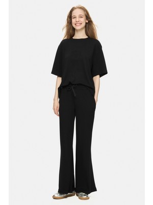 Ucla Uranıa Siyah Ispanyol Paça Gofre Baskı Loose Fit Kadın Eşofman Alt