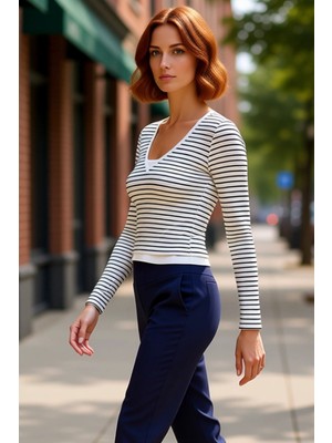 PayBuy Kadın V Yaka Çizgili Fitted Uzun Kollu Pamuklu Kaşkorse Bluz Kaliteli Şık Rahat Modern Zarif