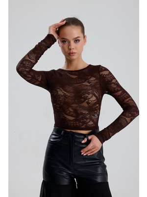 Sense Dantel Uzun Kollu Crop Bluz | BUST36259
