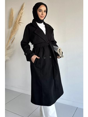 Julude Çift Cepli Bel Kuşak Detaylı Tesettür Kaşe Kaban P-00018940