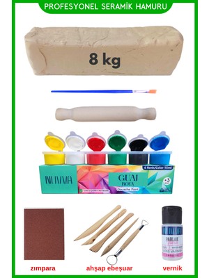 Oyun ve Sanat Seramik Hamuru 8 Kg, Ahşap Ebeşuar (Modelaj Seti), Zımpara, Merdane, Guaj Boya, Fırça, Doğal Kil Oyun Çamuru