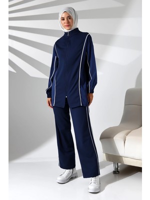 Mihran Butik Kadın Mevsimlik Penye Alt Üst Spor ve Rahat Lacivert Ikili Tunik Pantolon Şık Tesettür Takım