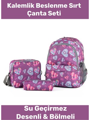 Enenstyle Fermuarlı Geniş 1.kalite Su Geçirmez Desenli Bölmeli Üçlü Okul Kalemlik Beslenme Sırt Çanta Seti