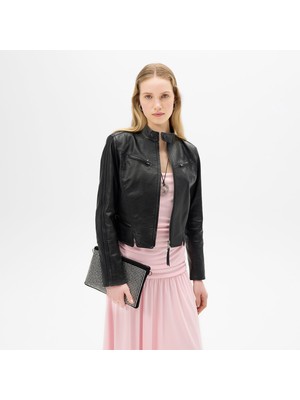 Desa Kadın Siyah Deri Biker Ceket
