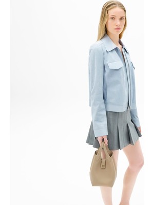 Desa Limited Edition Kadın Mavi Deri Detaylı Fermuarlı Süet Ceket