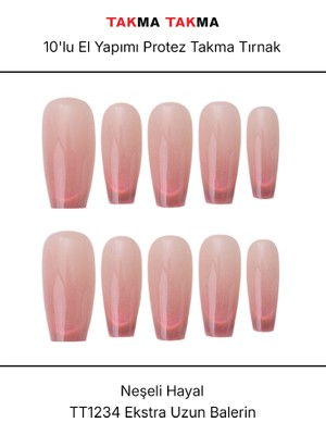 Takma Takma 10'lu Pembe Uzun Balerin TT1234 Tekrar Kullanılabilir El Yapımı Protez Takma Tırnak - Pembe-S