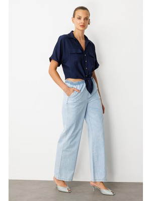 Accort Beli Lastikli Bol Paça Pantolon-Mavi