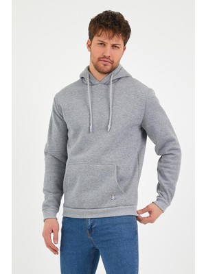 Polo State Erkek Kapüşonlu Kanguru Cep 3 İplik Sweatshirt  Gri Melanj