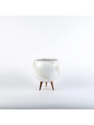 Ovni Büyük Boy Ahşap Ayaklı Gold Mermer Desenli Beyaz Tombul Saksı (Beyaz-Gümüş)