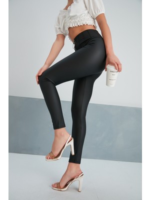 Mat Suni Deri Tayt Fermuarlı Nevru Dikişli Yüksek Bel