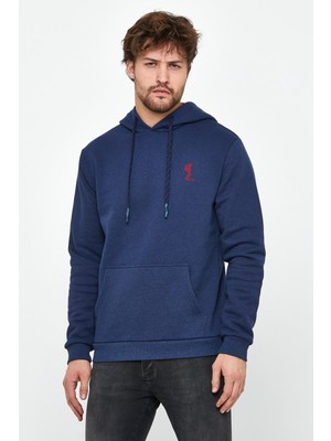 Polo State Erkek İskelet Nakışlı 3 İplik Kapüşonlu Sweatshirt İndigo
