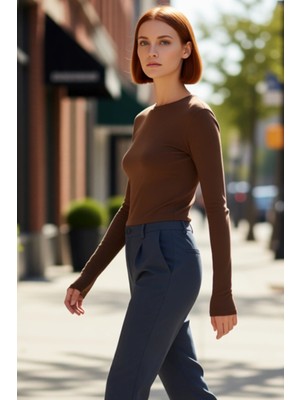 PayBuy Kadın Pembe Viskon Ribana Dokulu Fitted Bisiklet Yaka Uzun Kollu Crop Bluz Günlük Kullanıma Uygun