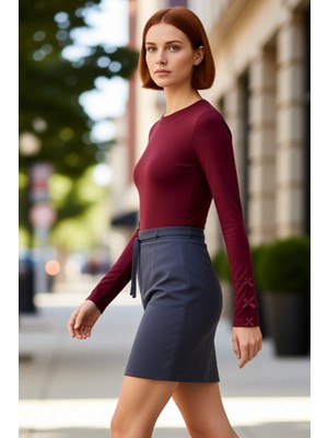 PayBuy Kadın Bisiklet Yaka Uzun Kollu Kol Uçları Fiyonk Detaylı Vücuda Oturan Örme Kaliteli Şık